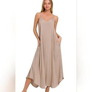 Zenana Stylish Flowy Maxi Woven Arc Hem Cami Straps Feminine Pockets Dress Mocha